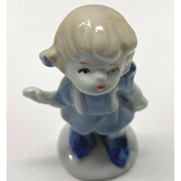 Little Porcelain Dutch Girl Figurine Vintage Child Blue White Waving Hello - Picture 7 of 8